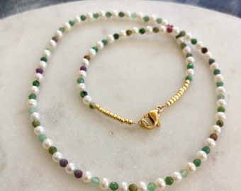 Green Amethyst Pearl Necklace, dainty gemstone necklace, amethyst purple  stone choker necklace, freshwater pearl, small gemstone necklace