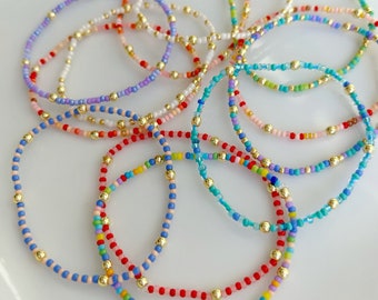 Colorful Stackable Seed Bead Bracelet, Dainty Waterproof Gold Bracelet, Beaded Bracelet, Tiny Bracelet Stack, Galentines Gift Girlfriend