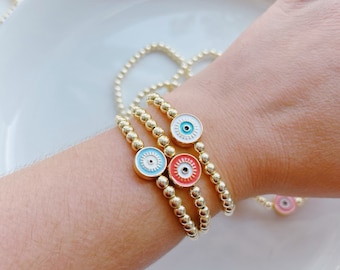 Gold Eye Charm Bracelet, Enamel Gold Bracelet, Stackable Stretchy Charm Bracelet, Dainty Gold Filled Non Tarnish Bracelet, Cute Gold Jewelry