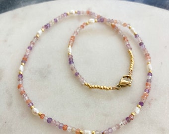Sunstone Leipidocrocite Pearl Necklace, dainty gemstone necklace, stone choker necklace, freshwater pearl, small gemstone necklace