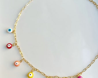 Evil Eye Charm Necklace, Gold Charm Necklace, Colorful Charm Necklace, Waterproof Non Tarnish Gold Filled Chain, Custom Charm Necklace