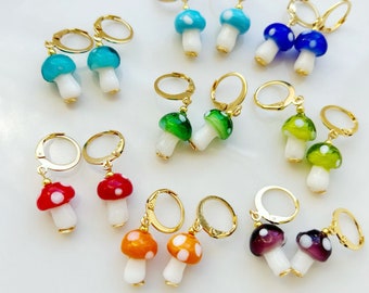 Mushroom Earrings, Glass Mushroom Huggie Hoops Earrings, Non- Tarnish Hypoallergenic Dangle Hoops Earrings, Cute Lampwork Dainty Earrings
