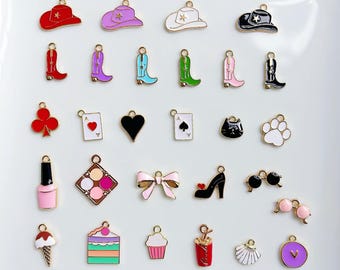 Charms for necklace, friendship charms, enamel gold plated charms, non- tarnish charms, cute cowboy hat, ace, shell, cat charm