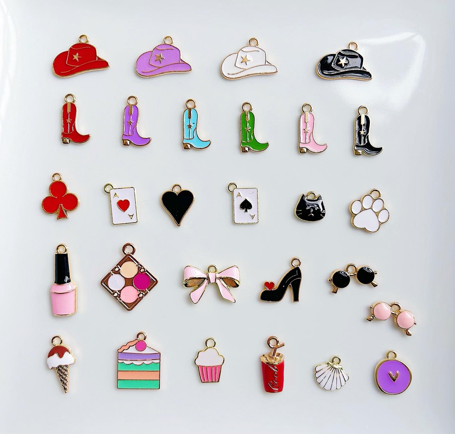 Charms for necklace, friendship charms, enamel gold plated charms, non- tarnish charms, cute cowboy hat, ace, shell, cat charm