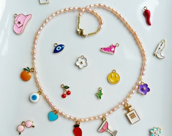 Custom Pearl Charm Necklace, Create Your Own Charm Necklace, Non Tarnish Gold Filled Paperclip Chain, Freshwater Pearl Gold Waterproof