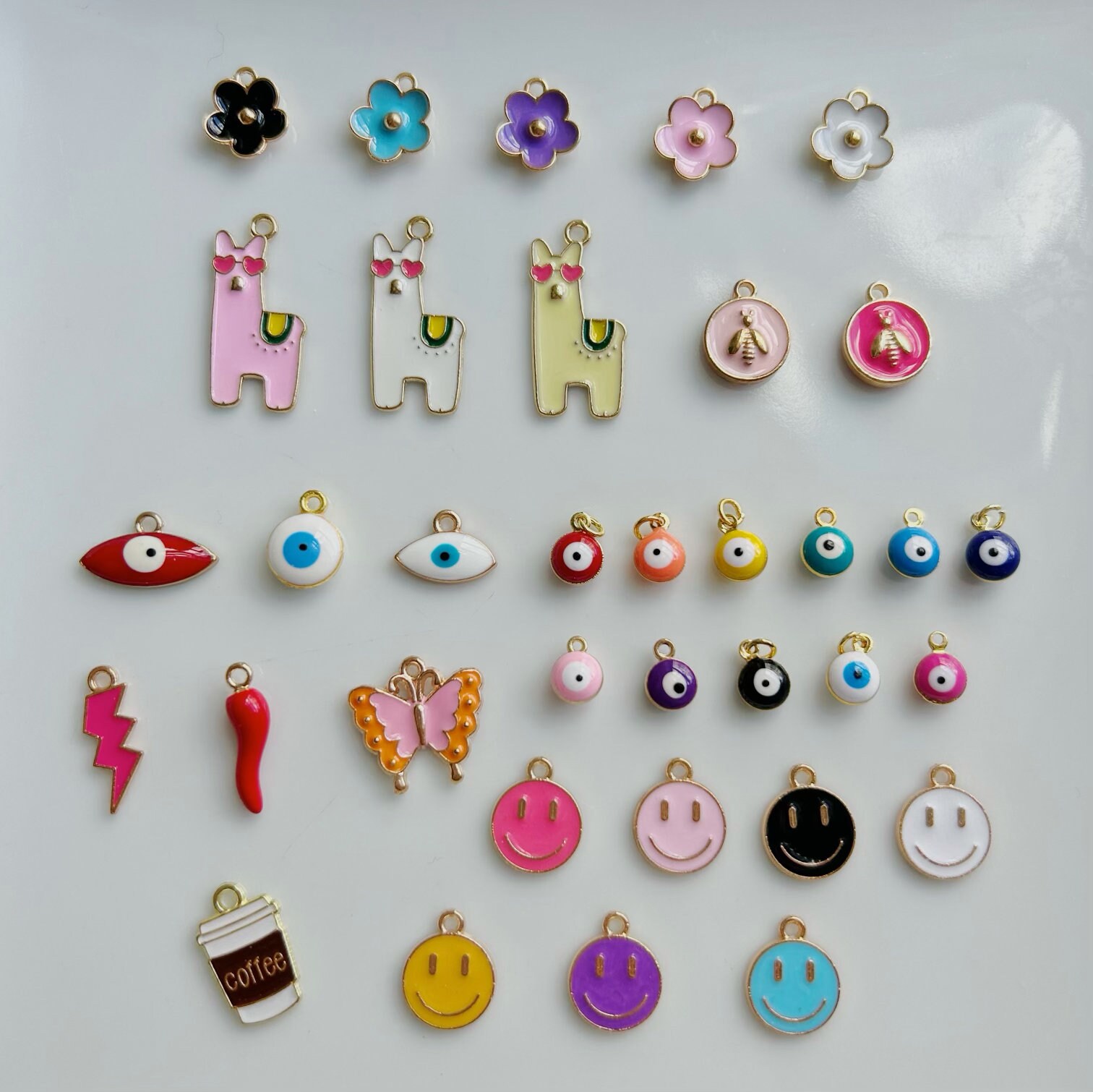 Charms for charm necklace creating, friendship charms, enamel gold plated charms, non- tarnish charms, Brooklyn Charm style evil eye smiley