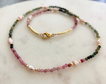 Tourmaline Pearl Necklace, dainty gemstone necklace, tourmaline stone choker necklace, freshwater pearl, small gemstone necklace