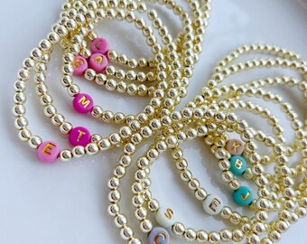 Gold Initial Bracelets, Stretchy Bead Bracelets, Gold Plated Bracelets, Dainty Stackable Bracelets,Waterproof Bracelet, Custom Name Bracelet