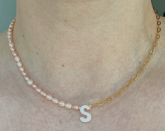 Gold Chain and Pearl Necklace, Half Chain Half Pearl Beaded Necklace, Custom Initial Necklace, Waterproof Gold Chain, Sydney Pearl Necklace