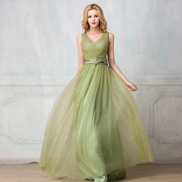 V-neck ruched tulle long bridesmaid dress, V-back tulle A-line prom dress, Multiple colors; corset/zip