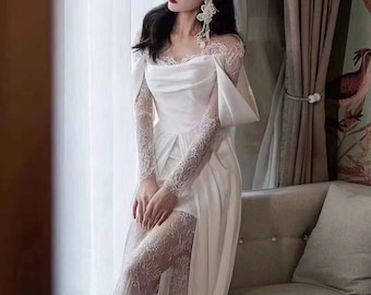 Sexy Chantilly lace floral Silky satin off the shoulder long sleeves minimalist bridal dress wedding photographing prom dress multi-purpose