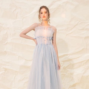 Spaghetti-straps Ruffled Sleeves ruched tulle A-line tutu prom dress | Sexy light blue tutu tea-length wedding dress party banquet