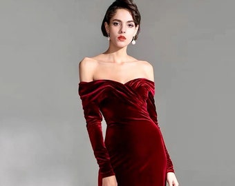 Sexy Off the Shoulder long sleeves ruched bodice Mermaid Velvet dress • Modern long Wine color Velvet Party Banquet Wedding Dress