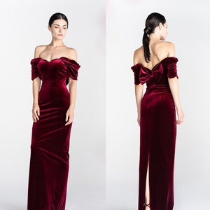 Designer Off-the-shoulder Bow Back Sheath Velvet Prom Dress back Slit • Modern Velvet Bridesmaids Dress Party Banquet Wedding Gifts