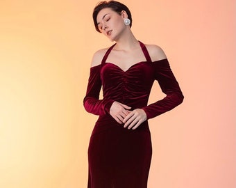 Designer off-the-shoulder Velvet Long Sleeves sheath Prom Dress front slit • Bridesmaids haltered red Dress Party Banquet Wedding Gifts