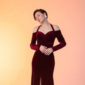 Designer off-the-shoulder Velvet Long Sleeves sheath Prom Dress front slit • Bridesmaids haltered red Dress Party Banquet Wedding Gifts