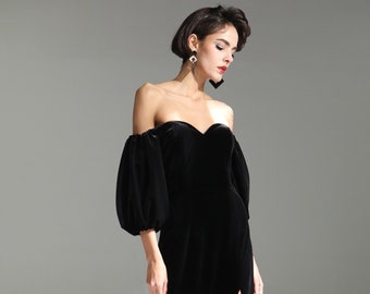 Sexy Puff 3/4 sleeves off-the-shoulder sheath thigh slit Velvet Dress• Designer Modern bishop sleeves Black front slit long Velvet Dress