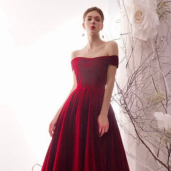 Handmade off-the-shoulder ankle length Ball gown Velvet Dress• Full A-line Dancing Velvet Prom Dress wine red zipper | corset Gifts