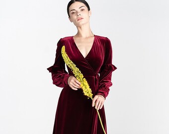 Ruffled long Sleeves V-neck A-line Velvet Prom Dress | Bridesmaids Dress Party Banquet Wedding Gifts Wine Red