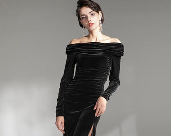 Elegant Off the Shoulder Side Slit Mermaid Velvet dress • Sexy Modern long Velvet Party Banquet Wedding Dress