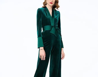 Designer long Sleeves Deep V-neckline bodysuit with bow sash • Formal velvet Jumpsuit Party Banquet Wedding Christmas emerald green