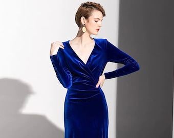 Sexy Long sleeves V-Neck side slit Wrap Velvet Dress• Designer Modern Ruched Royal Blue Velvet Dress • Floor-Length Velvet Dress