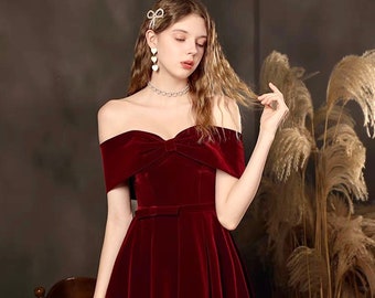 Off-the-shoulder Bow Design A-line Velvet Dress • Princess Dancing Velvet Prom Dress wine red burgundy Multi-color