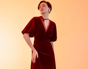 Velvet Deep V tulle hem neckline Dress with Ruffled sleeves • Floor-Length Bridesmaids Velvet Dress wine red Party Wedding Gifts