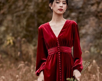 Elegant V-neck Puffed long Sleeves V-neck A-line Long Velvet Dress• Designer Vintage burgundy Velvet Dress Banquet Wedding Gifts