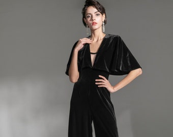 Designer Short Ruffled Sleeves Deep V-neckline bodysuit • Formal velvet Jumpsuit Party Banquet Wedding Christmas Formal Event Black