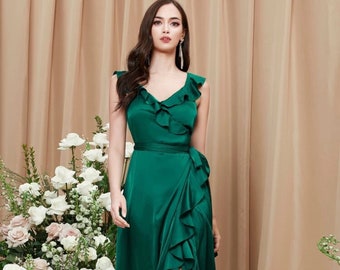 Ruffled V-neck thigh split full-length silky satin bridesmaid dress multiple colors zipper / corset, emerald green wrap long prom dress