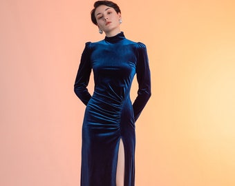 Long sleeves high Neck pencil skirt thigh slit Velvet Dress• Designer Modern Navy Blue Ankle-Length Velvet Dress Ball Banquet Party