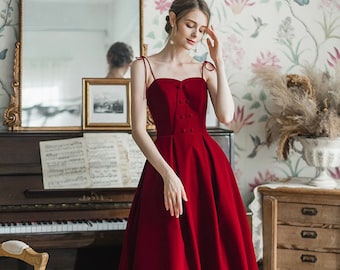 Spaghetti-straps Button Decorated High-low Skirt Ball gown Velvet Dress• Sweetheart Full A-line Dancing Velvet Prom Dress wine red burgundy