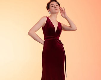 Elegant V-neck Hepburn Style mermaid long Velvet Dress with thin sash • Floor-length Bridesmaids Velvet Prom Dress wine burgundy Gifts