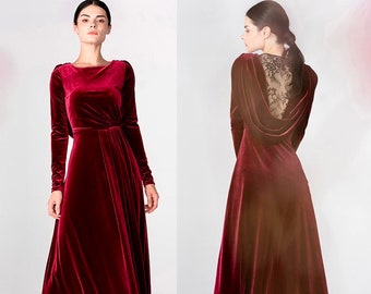 Long sleeves Boat Neck Draped lace Back floor length Velvet Dress • Modern wine red long Velvet Dress Party Banquet Wedding Gifts