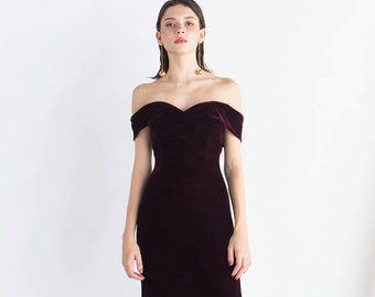 Elegant Off-the-shoulder Mermaid Velvet dress • Dark wine Sweetheart neckline Modern long Velvet Dress