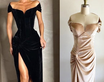 Elegant Off-the-shoulder sweetheart neckline sheath Velvet dress thigh slit • Modern sexy pencil skirt long Velvet Dress