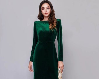 Long sleeves Boat Neck Draped crisscross Back Velvet Dress• Designer Modern emerald green Velvet Dress • Tea-Length Velvet Dress