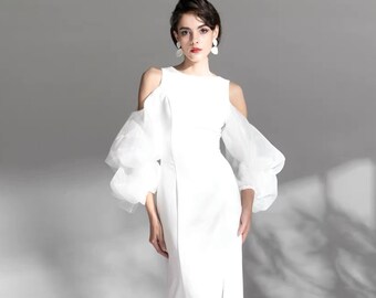 Elegant organza puffed bishop sleeves stretchable satin modern wedding dress | Designer off-white fit-and-flare prom dress party banquet