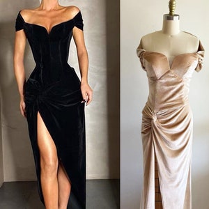 Elegant Off-the-shoulder sweetheart neckline sheath Velvet dress thigh slit • Modern sexy pencil skirt long Velvet Dress