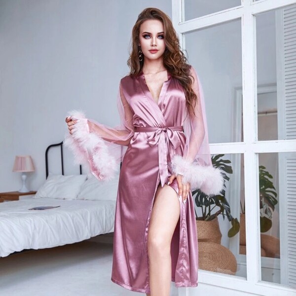 Silky satin bridal Lingerie Robe feather sleeves multiple colors | bridal bridesmaids long Robe | Charmeuse satin Sleepwear wedding Gift