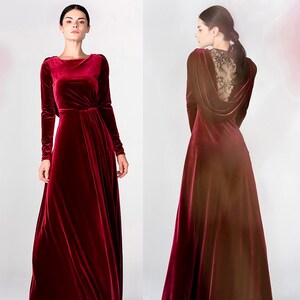 Long sleeves Boat Neck Draped lace Back floor length Velvet Dress • Modern wine red long Velvet Dress Party Banquet Wedding Gifts