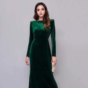 Long sleeves Boat Neck Draped crisscross Back Velvet Dress• Designer Modern emerald green Velvet Dress • Tea-Length Velvet Dress