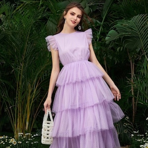 Ruffle Layered dot mesh Hem A-line tutu scoop neck prom dress | Ruffle sleeveless French style tutu long dress