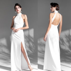 Elegant Haltered Hallowed Back Satin wedding dress thigh Split | custom modern off-white prom dress Bridal Wedding Party Banquet