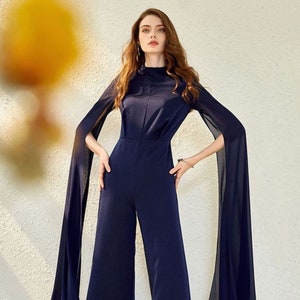 Flowy open long cape Sleeves Chiffon high neck bodysuit • Spring summer Jumpsuit Party Banquet Wedding Formal Event navy blue