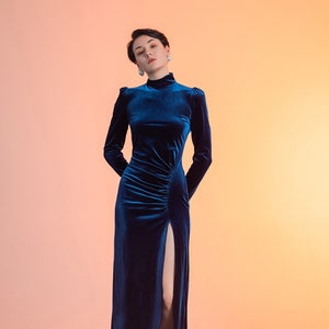 Long sleeves high Neck pencil skirt thigh slit Velvet Dress• Designer Modern Navy Blue Ankle-Length Velvet Dress Ball Banquet Party