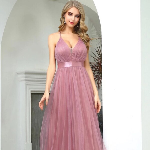 Spaghetti-straps Deep V-neck low back tulle bridesmaid dress, Handmade Modern crisscross back multiple colors prom dress