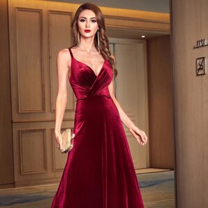 Spaghetti-straps V-neck Ruched Bodice long Velvet Dress• Long Bridesmaids Velvet Dress Velvet Prom Dress wine red burgundy