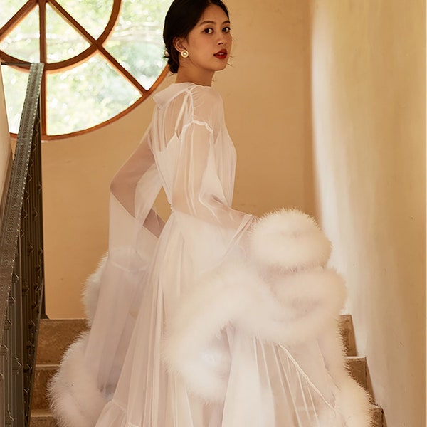 Soft tulle 1-layer thick turkey fur feather fringe hem long robe dress WHITE 4-DAY SHIPPING | custom modern Victorian style bride robe Gift